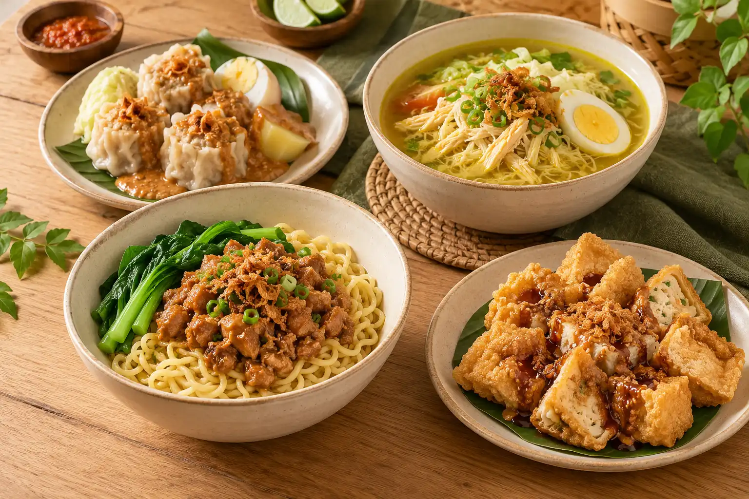 Ilustrasi mie ayam, siomay, batagor, dan soto ayam