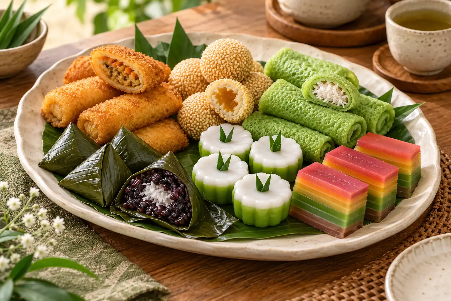 Ilustrasi pilihan risol, onde-onde, dadar gulung, bugis, nona manis, dan lapis